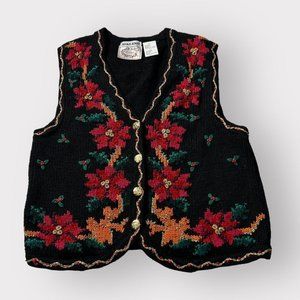Vintage 90s Erika hand-knit black Christmas/holiday-themed sweater vest size L